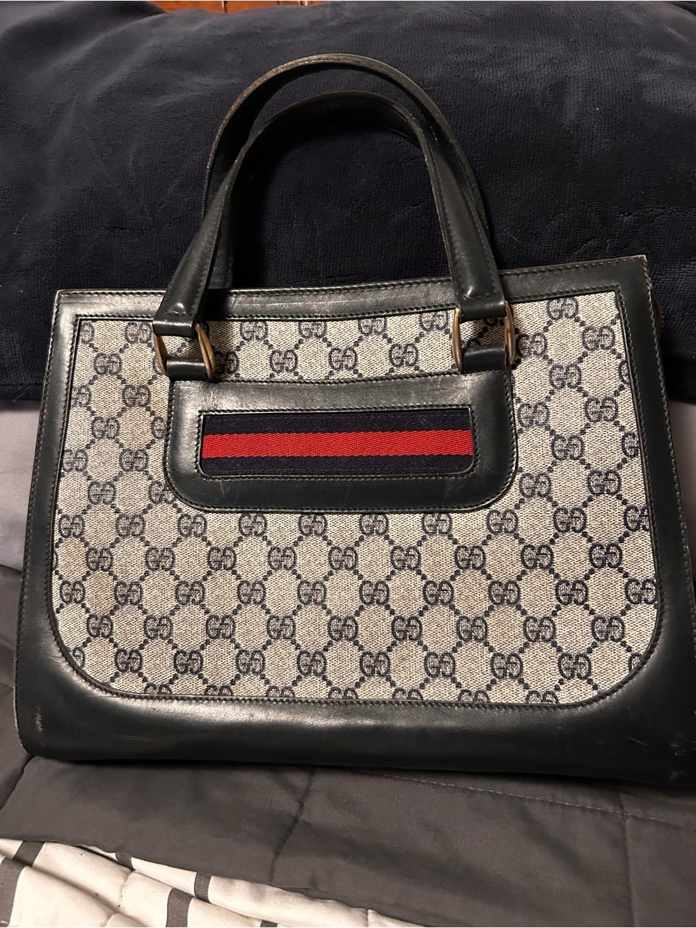 Gucci  Vintage Beige GG Canvas Tote with Black Trim and Red Stripe